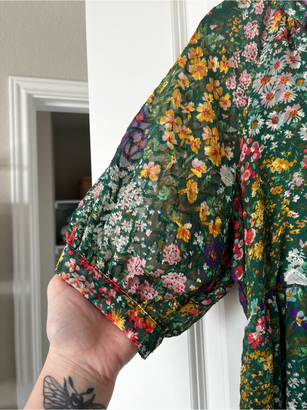 Anthropologie Green Floral V-Neck Tiered Mini Dress - Picture 6 of 8
